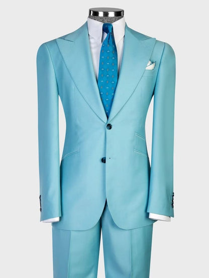 Blue 3-Piece Single Breasted Peak Lapel Slim Fit Suit for Men