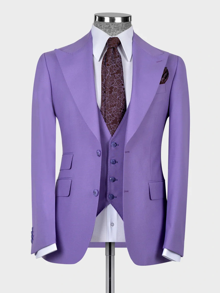 Purple 3-Piece Single Breasted Peak Lapel Slim Fit Suit for Men