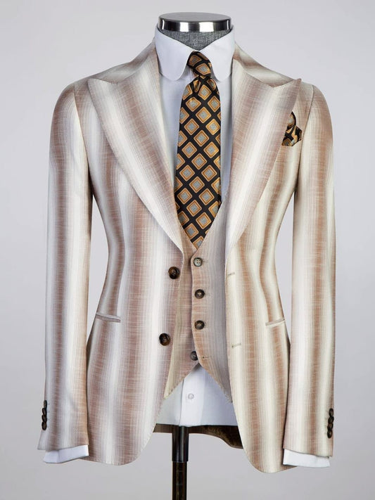 Beige Striped Prom Suit for Men – Elegant 3-Piece Look