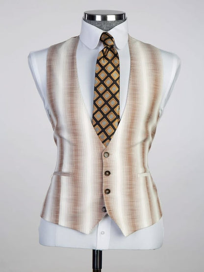 Beige Striped Prom Suit for Men – Elegant 3-Piece Look