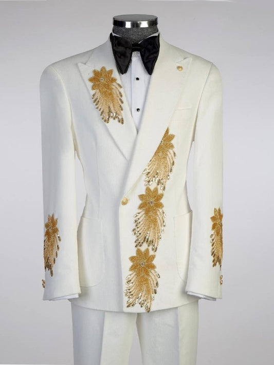 Men’s White Statement Suit – Gold Detail Designer Style