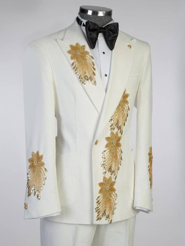 Men’s White Statement Suit – Gold Detail Designer Style