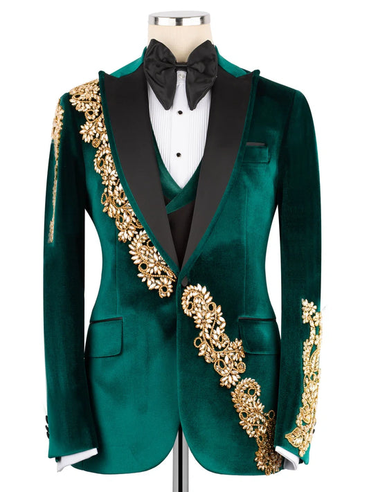 Green Velvet Peak Lapel Slim Fit Prom Suit