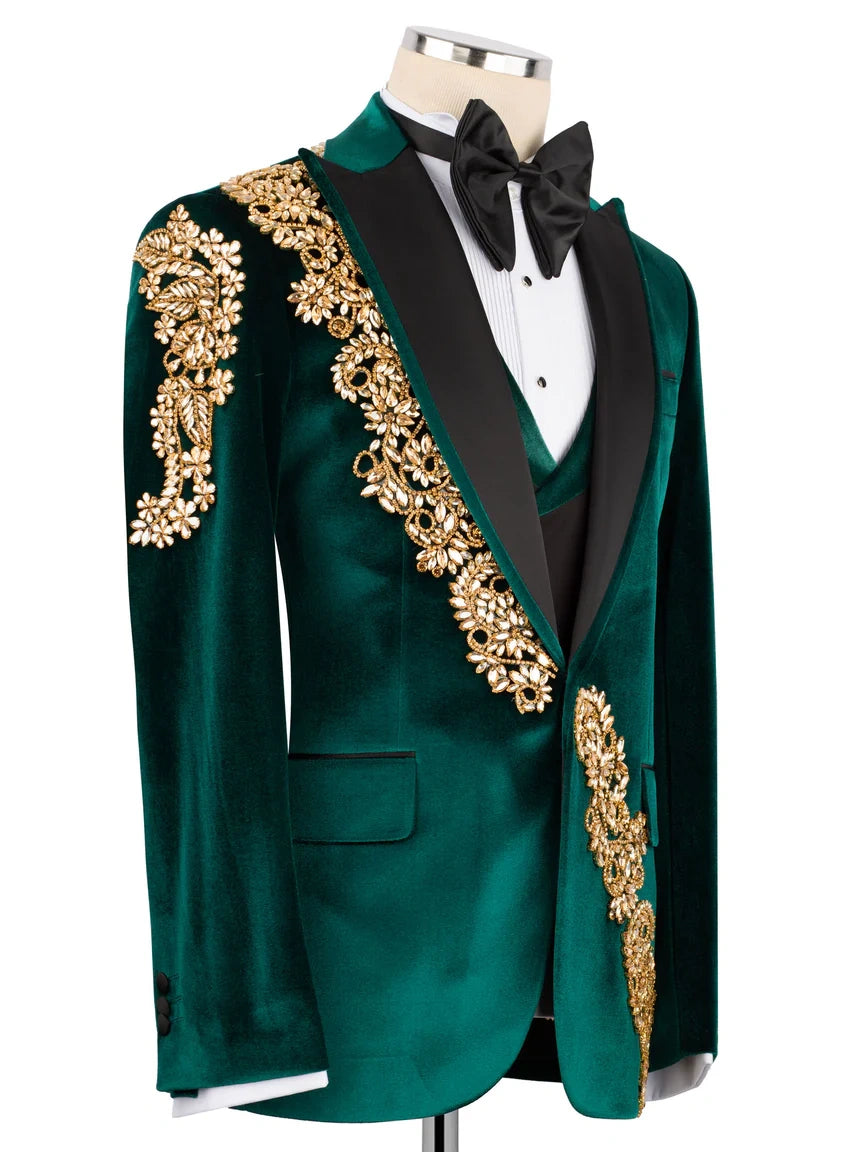 Green Velvet Peak Lapel Slim Fit Prom Suit