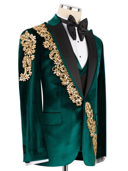 Green Velvet Peak Lapel Slim Fit Prom Suit