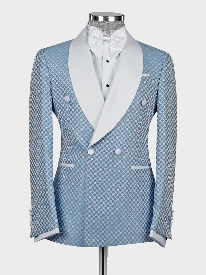 Light Blue Geometric Pattern Double-Breasted Shawl Lapel Tuxedo Suit