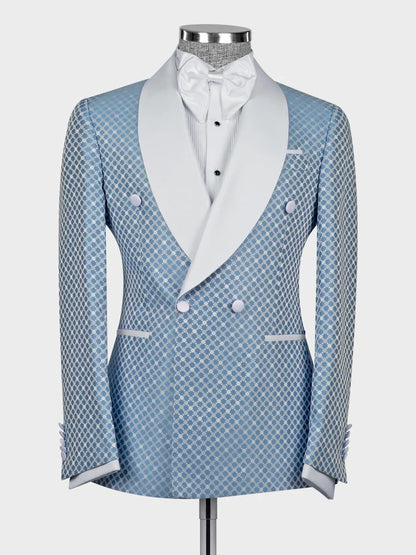 Light Blue Geometric Pattern Double-Breasted Shawl Lapel Tuxedo Suit