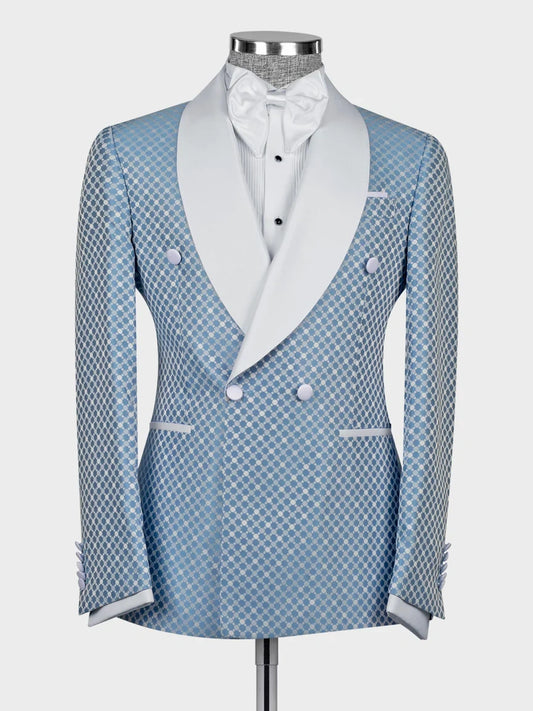 Light Blue Geometric Pattern Double-Breasted Shawl Lapel Tuxedo Suit