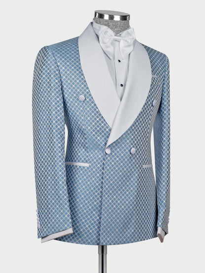 Light Blue Geometric Pattern Double-Breasted Shawl Lapel Tuxedo Suit