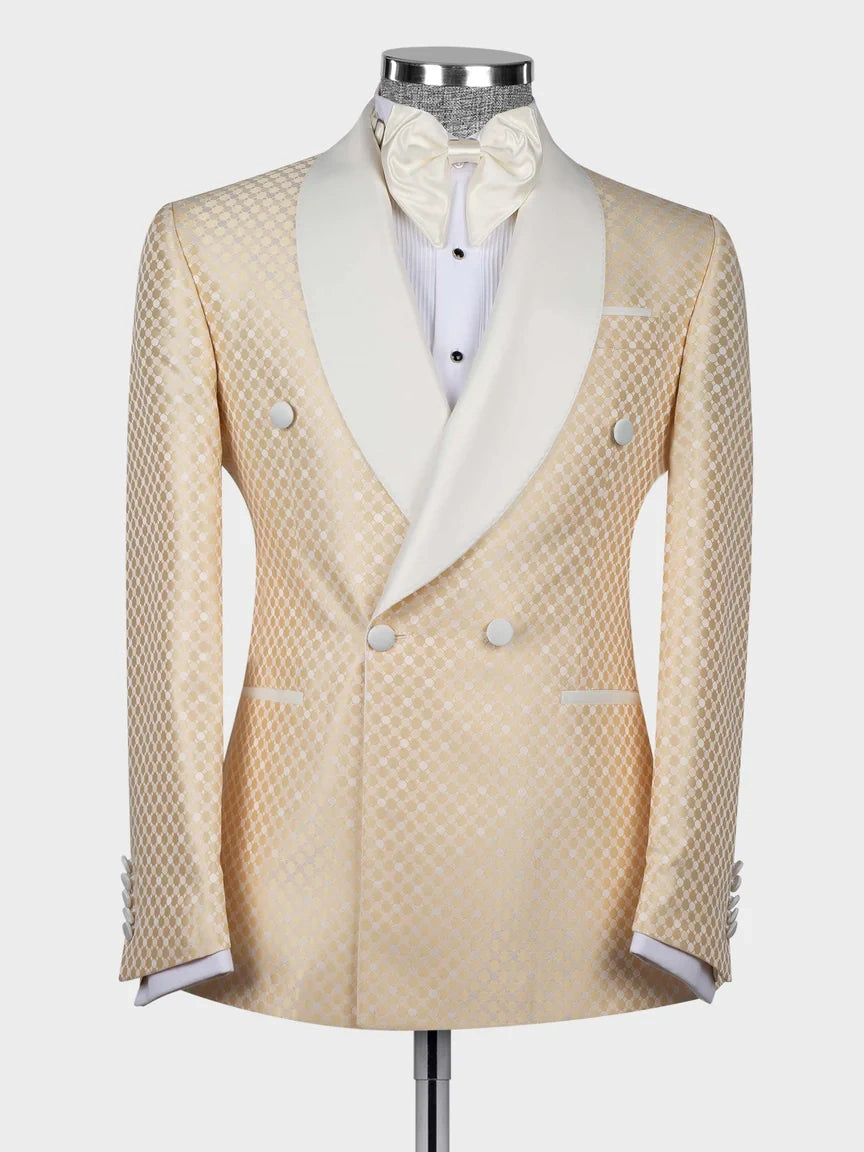 Champagne Geometric Pattern Double-Breasted Shawl Lapel Tuxedo Suit
