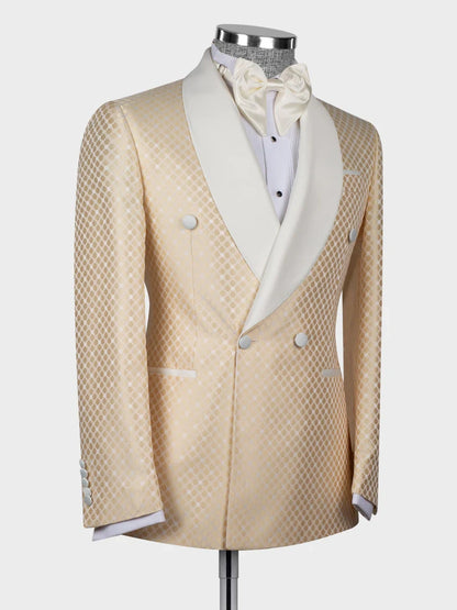 Champagne Geometric Pattern Double-Breasted Shawl Lapel Tuxedo Suit