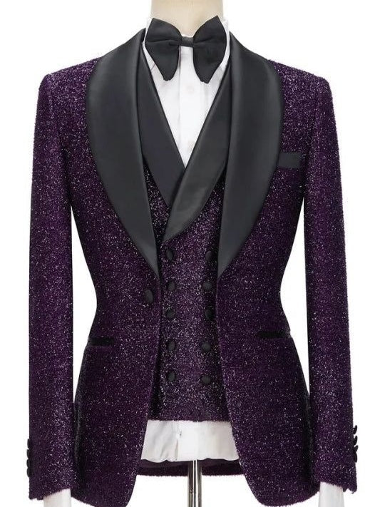 Men’s Purple Sequin Prom Suit 3 Piece – Slim Fit Shawl Lapel Tuxedo for Prom