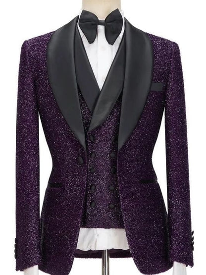 Men’s Purple Sequin Prom Suit 3 Piece – Slim Fit Shawl Lapel Tuxedo for Prom