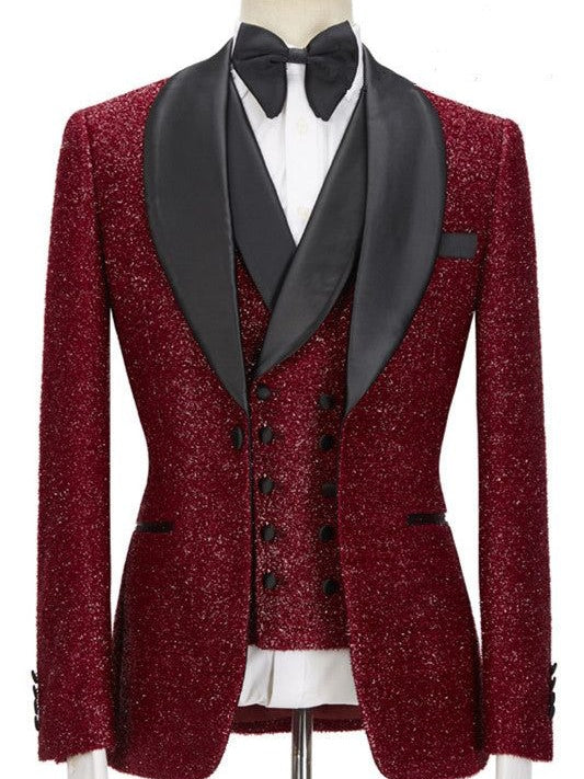 Men’s Bright red Sequin Prom Suit 3 Piece – Slim Fit Shawl Lapel Tuxedo for Prom