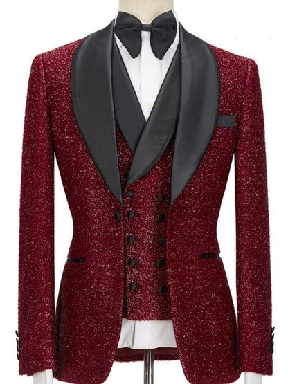 Men’s Bright red Sequin Prom Suit 3 Piece – Slim Fit Shawl Lapel Tuxedo for Prom