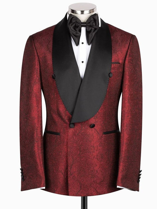 Burgundy Jacquard Tuxedo for Men – Slim Fit Prom, Wedding & Party Suit