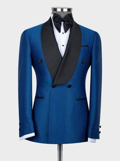 Blue Geometric Pattern Double-Breasted Shawl Lapel Tuxedo Suit