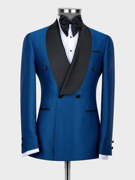 Blue Geometric Pattern Double-Breasted Shawl Lapel Tuxedo Suit