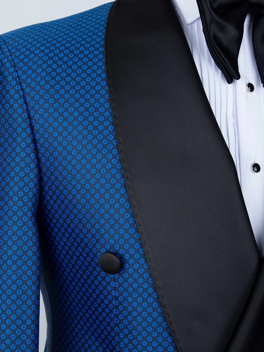 Blue Geometric Pattern Double-Breasted Shawl Lapel Tuxedo Suit