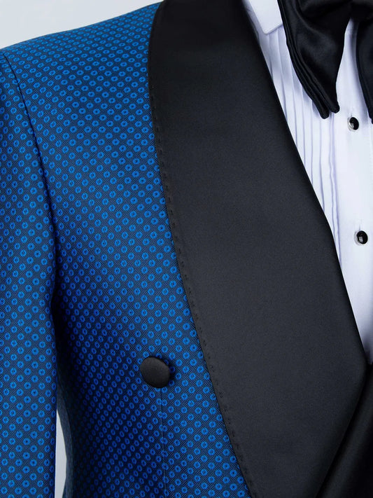 Blue Geometric Pattern Double-Breasted Shawl Lapel Tuxedo Suit