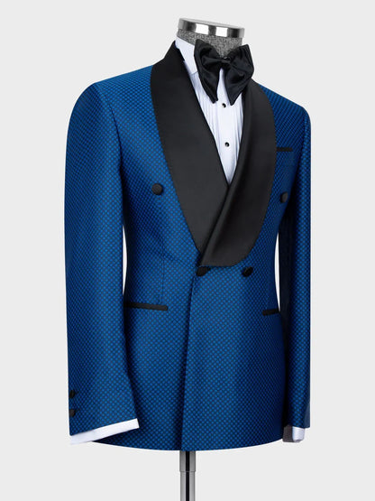 Blue Geometric Pattern Double-Breasted Shawl Lapel Tuxedo Suit