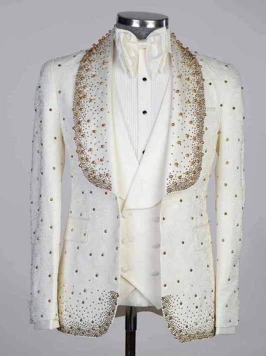 Men’s White Rhinestone Shawl Lapel 3-Piece Prom Tuxedo Suit