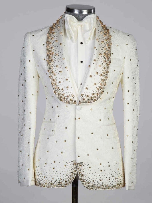 Men’s White Rhinestone Shawl Lapel 3-Piece Prom Tuxedo Suit