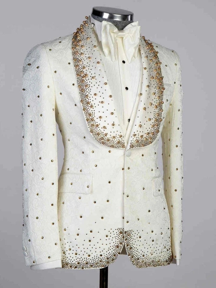 Men’s White Rhinestone Shawl Lapel 3-Piece Prom Tuxedo Suit