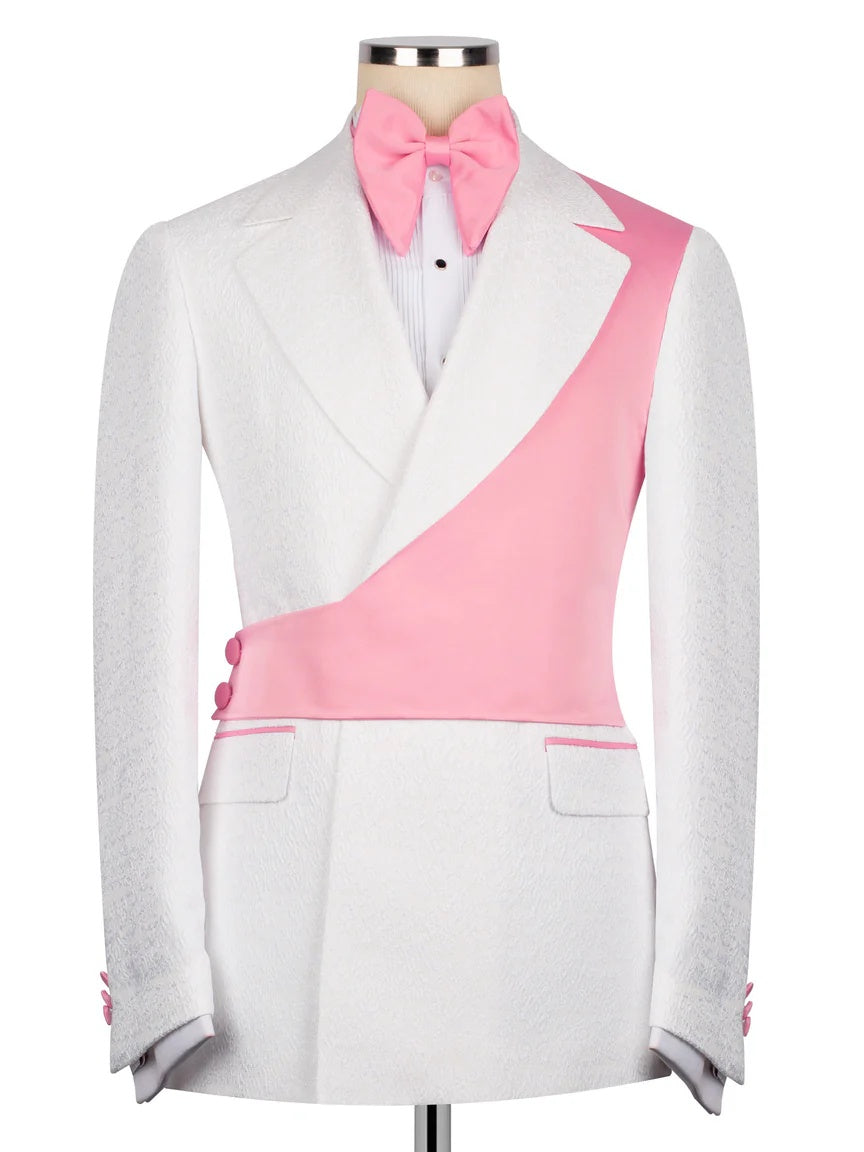 White and Pink Jacquard 2-piece Peak Lapel Trendy Suit