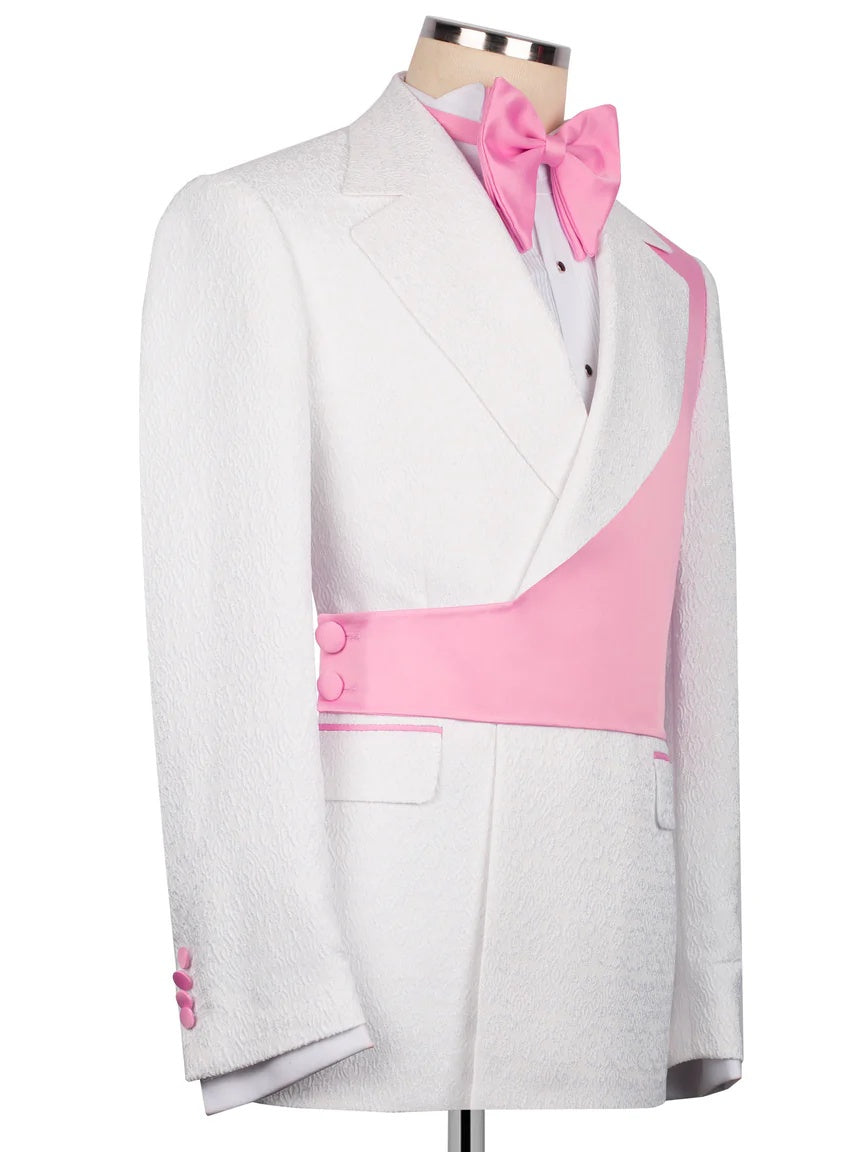 White and Pink Jacquard 2-piece Peak Lapel Trendy Suit