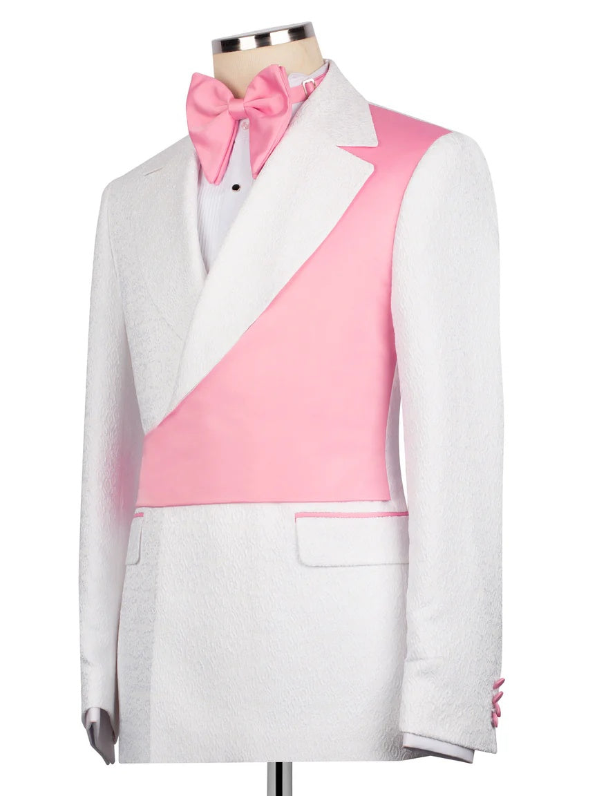 White and Pink Jacquard 2-piece Peak Lapel Trendy Suit