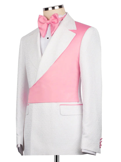 White and Pink Jacquard 2-piece Peak Lapel Trendy Suit