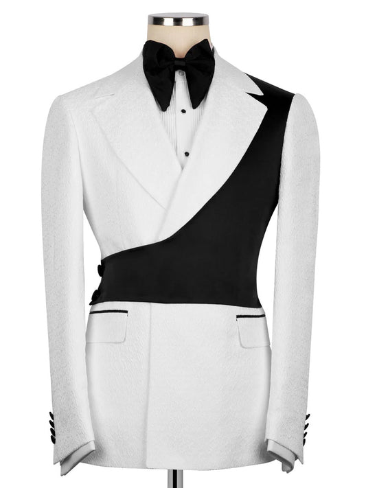 White and Black Jacquard 2-piece Peak Lapel Trendy Suit