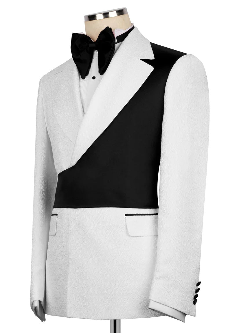 White and Black Jacquard 2-piece Peak Lapel Trendy Suit