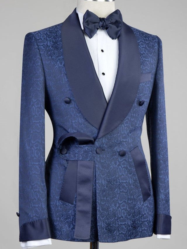Navy Jacquard 2-Piece Double-Breasted Shawl Lapel Suit