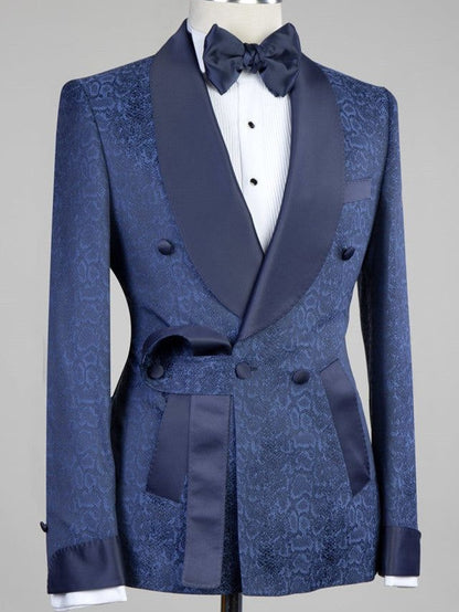Navy Jacquard 2-Piece Double-Breasted Shawl Lapel Suit