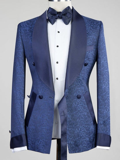 Navy Jacquard 2-Piece Double-Breasted Shawl Lapel Suit
