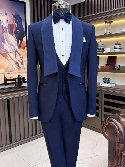 Blue 3-Piece Single-Breasted Shawl Lapel Suit