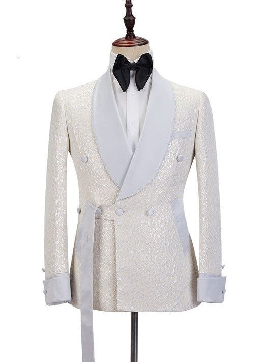 Champagne Jacquard 2-Piece Double-Breasted Shawl Lapel Suit