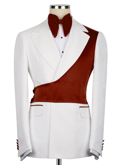 White and Burgundy Jacquard 2-piece Peak Lapel Trendy Suit