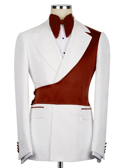 White and Burgundy Jacquard 2-piece Peak Lapel Trendy Suit