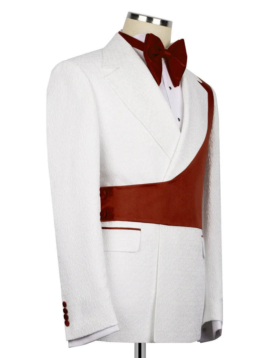 White and Burgundy Jacquard 2-piece Peak Lapel Trendy Suit