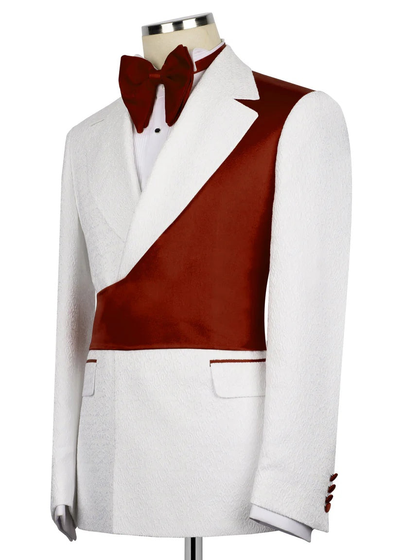 White and Burgundy Jacquard 2-piece Peak Lapel Trendy Suit