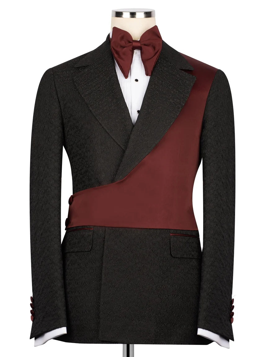 Black and Burgundy Jacquard 2-piece Peak Lapel Trendy Suit