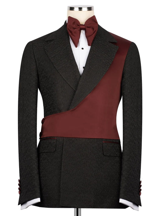 Black and Burgundy Jacquard 2-piece Peak Lapel Trendy Suit
