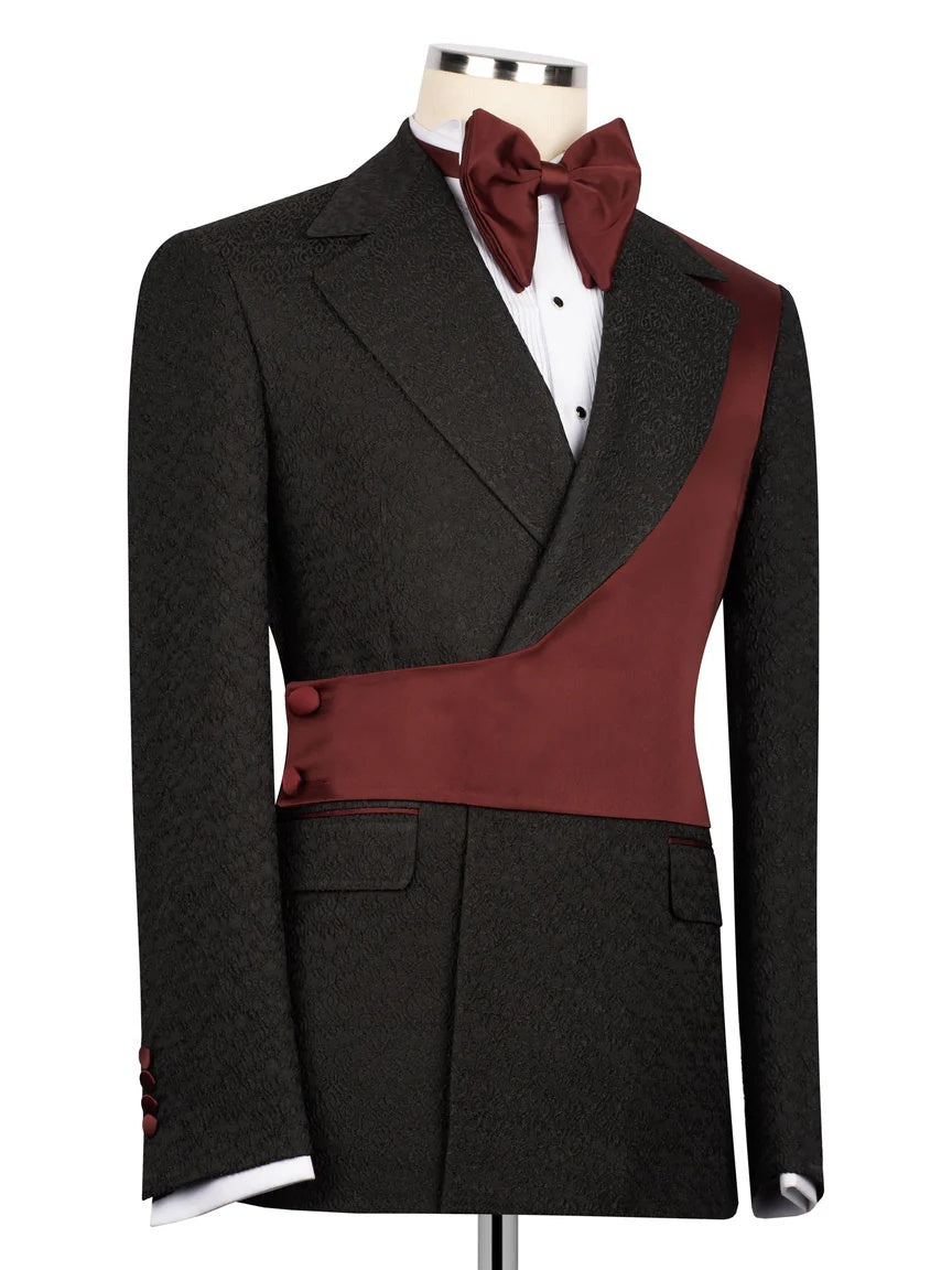 Black and Burgundy Jacquard 2-piece Peak Lapel Trendy Suit