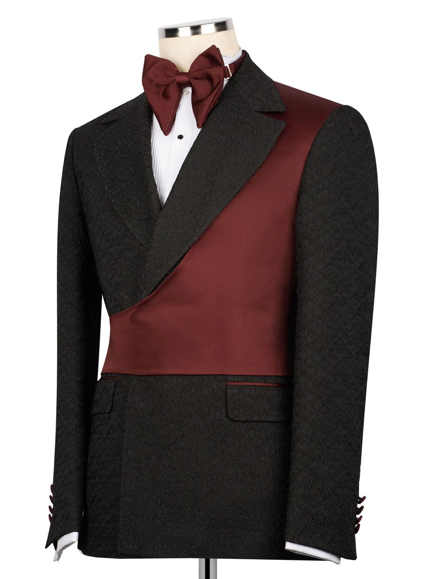 Black and Burgundy Jacquard 2-piece Peak Lapel Trendy Suit