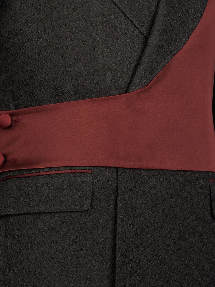 Black and Burgundy Jacquard 2-piece Peak Lapel Trendy Suit