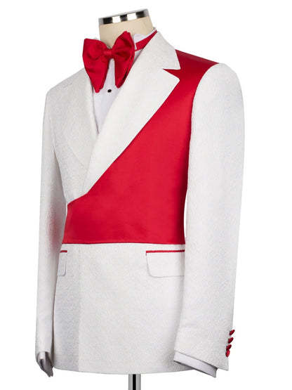 White and Red Jacquard 2-piece Peak Lapel Trendy Suit