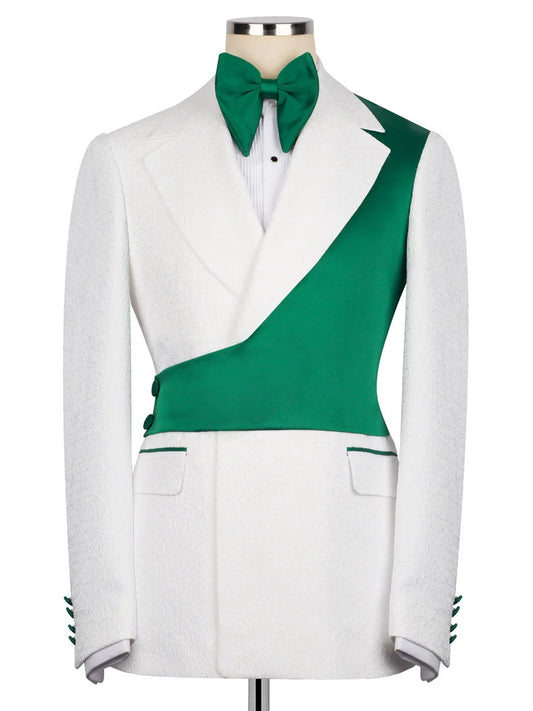 White and Green Jacquard 2-piece Peak Lapel Trendy Suit